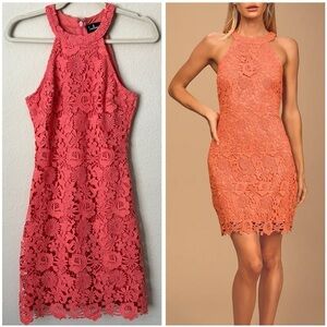 Lulu’s Love Poem Coral Pink Crochet Floral Lace Mini Dress Spring Summer